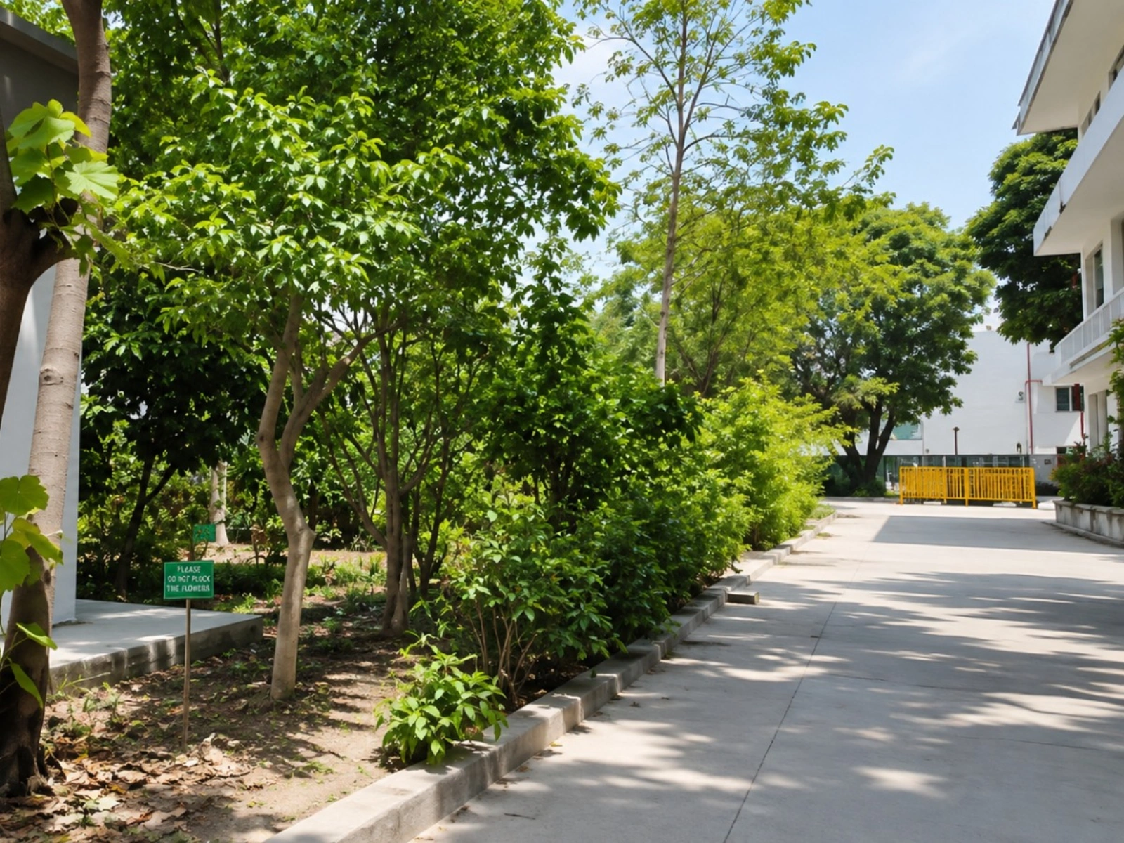 Landscaped walkway between campus buildings