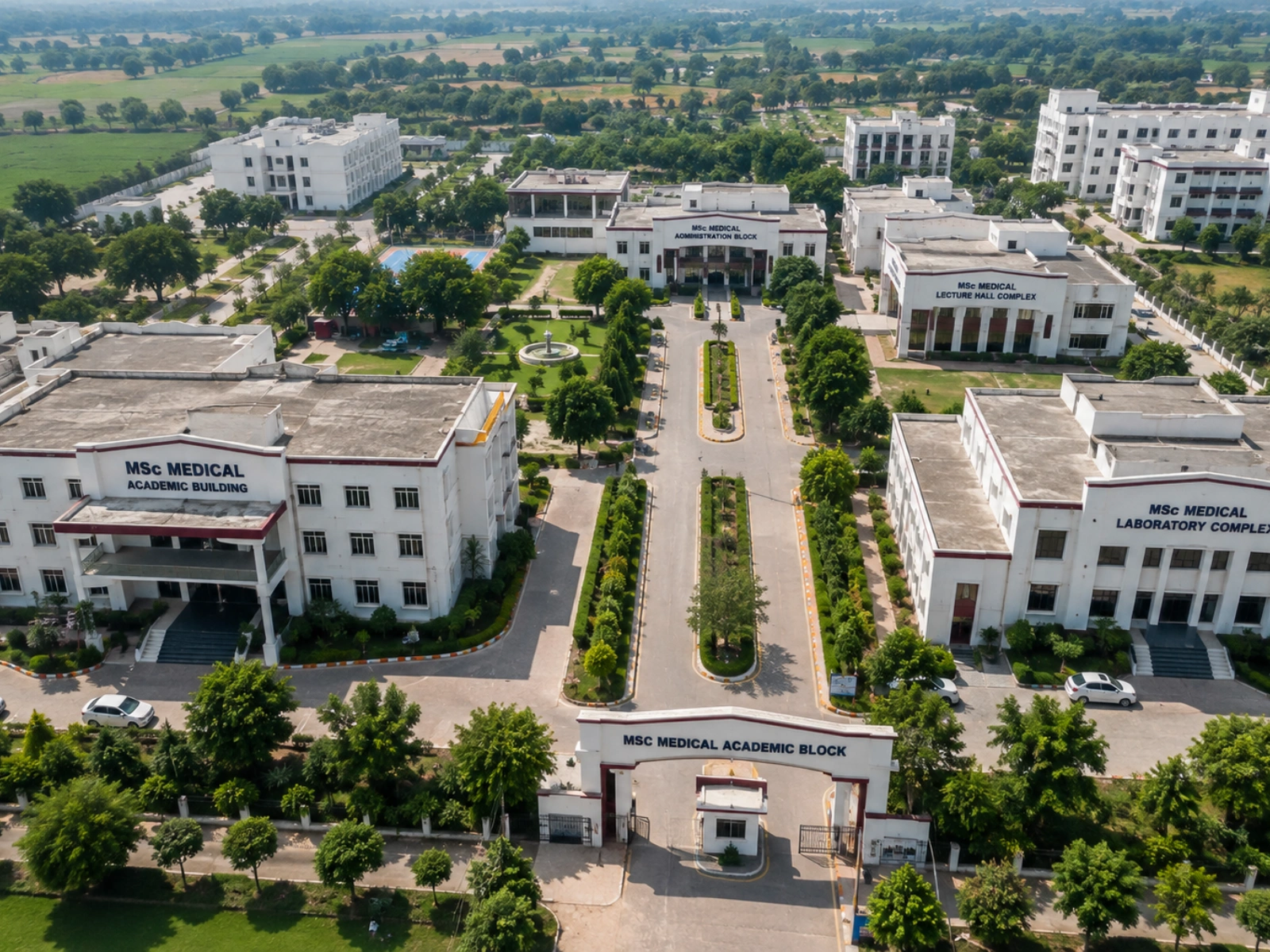 Aerial view of the MSc Medical Academic Block gate and surrounding buildings