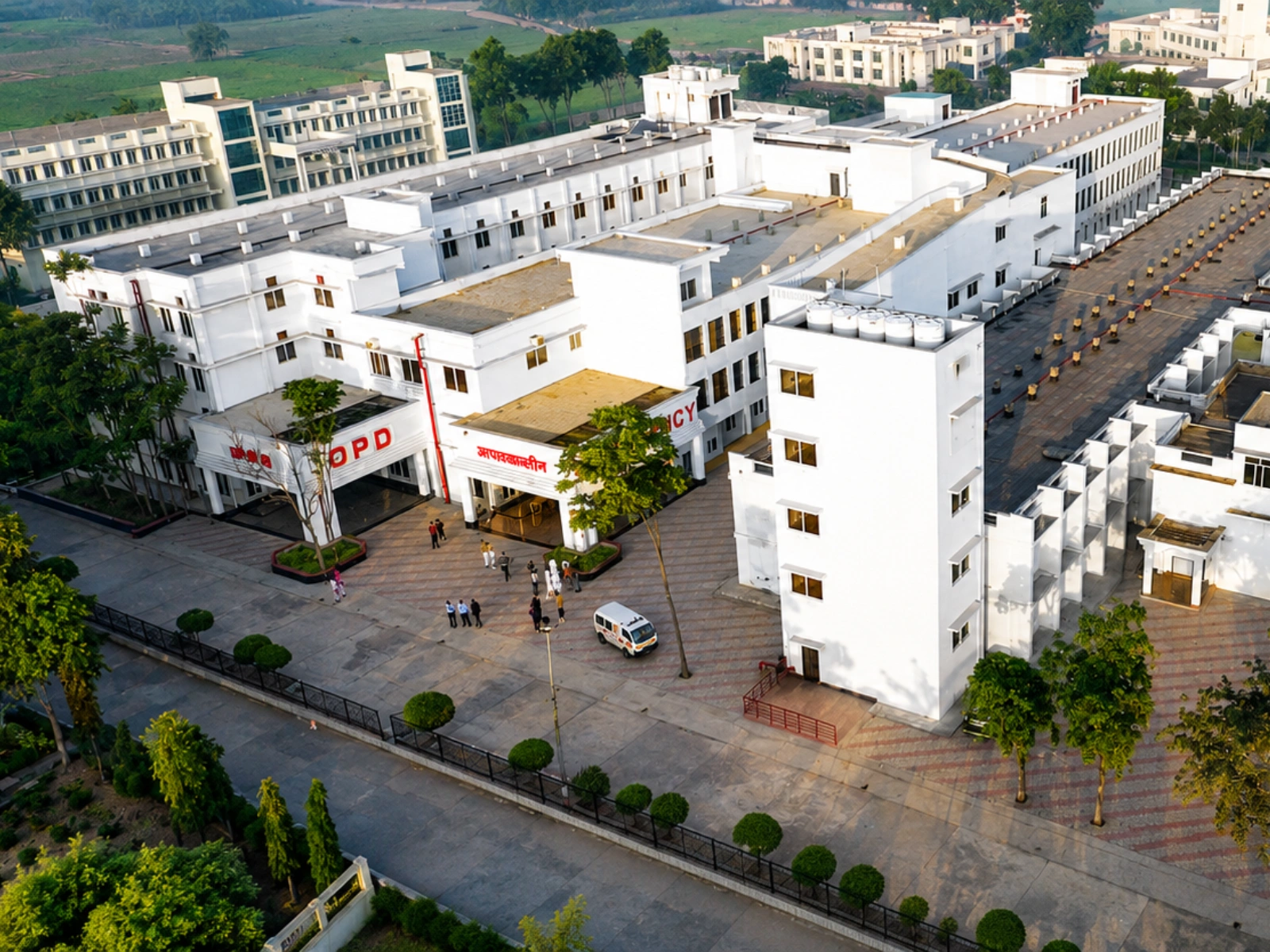 Aerial view of the hospital building with OPD and Emergency entrances