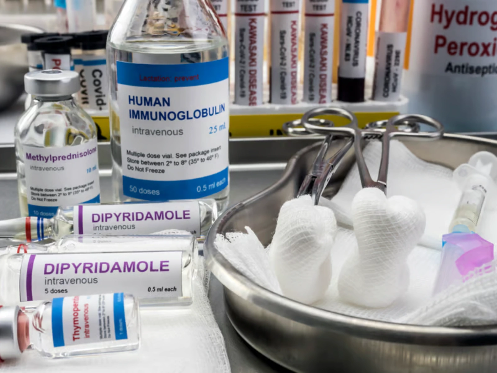 Hospital pharmacy shelf with medicine vials and emergency supplies