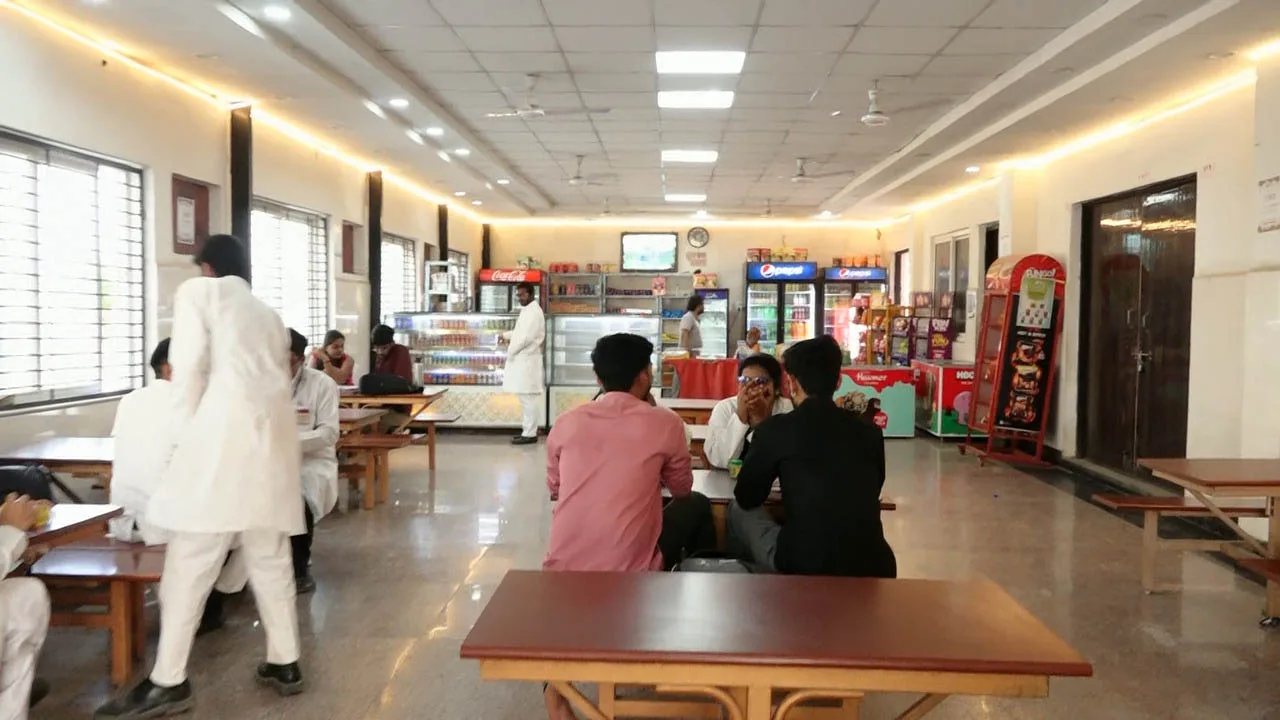 Campus cafeteria with seating and a snack counter