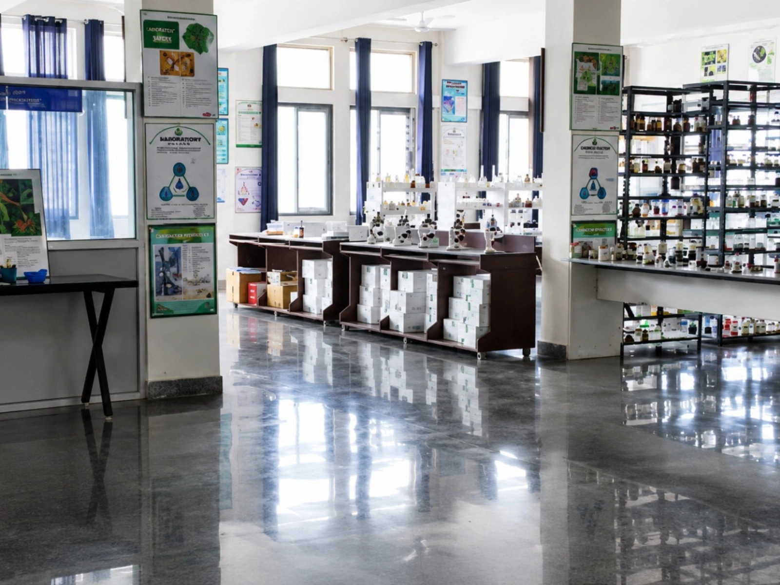Science laboratory room with chemical storage shelving