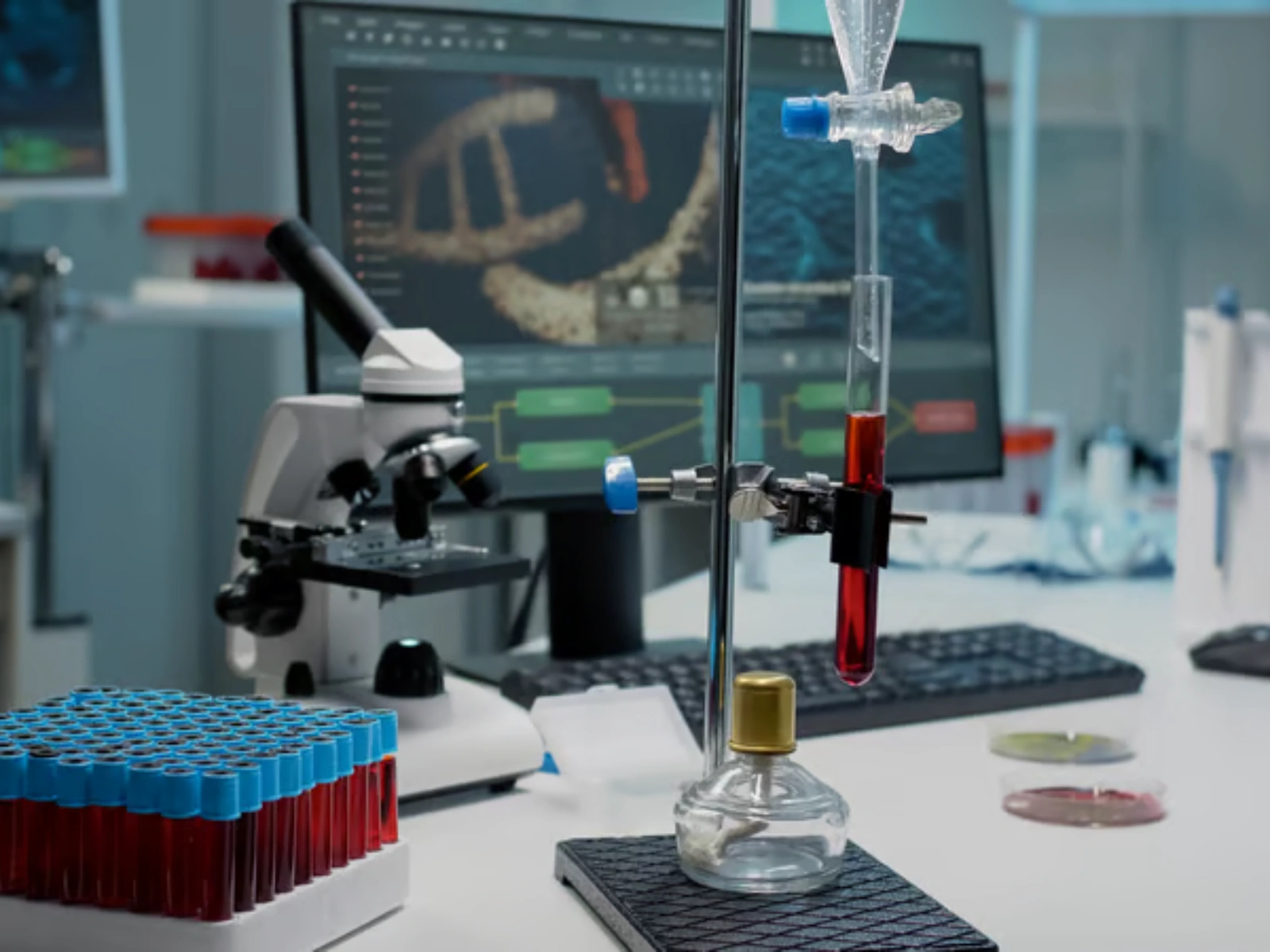Research lab bench with microscope and sample tubes