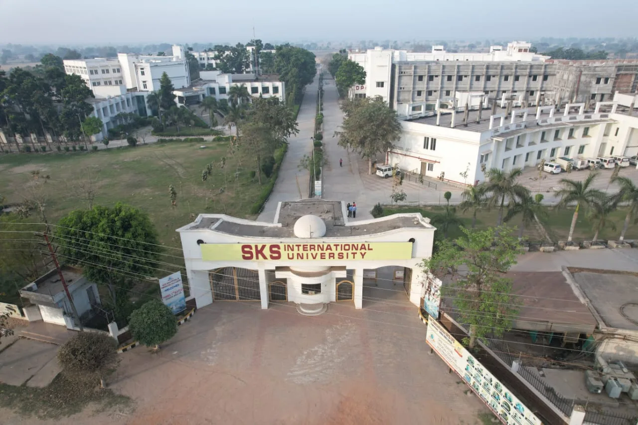 Aerial view of the SKS International University entrance gate at sunrise